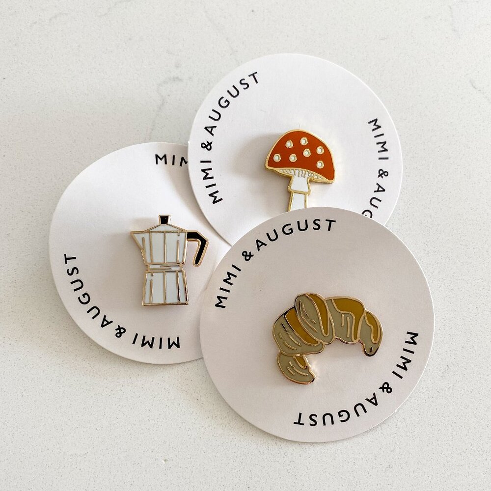 NWT Mimi & August Set of 3 Pins - Mushroom, Coffee, Croissant
